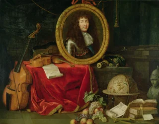 Stillleben mit Porträt von König Ludwig XIV. (1638-1715) umgeben von Musikinstrumenten, Blumen und Früchten, 1672